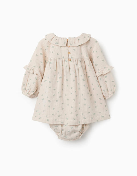 Floral Cotton Dress + Bloomers B&S for Baby Girls, Beige/Green