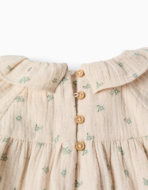 Floral Cotton Dress + Bloomers B&S for Baby Girls, Beige/Green