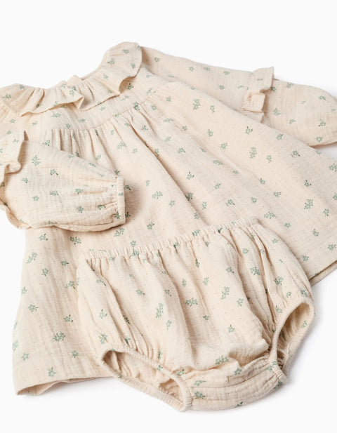 Floral Cotton Dress + Bloomers B&S for Baby Girls, Beige/Green