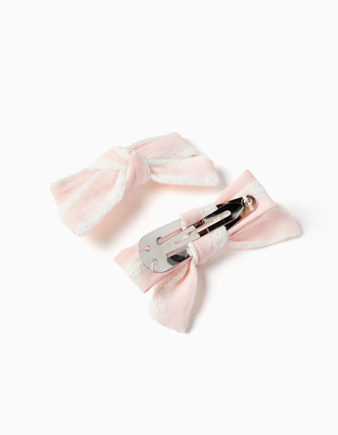 Pack of 2 Hair Clips with Striped Bow for Babies and Girls, Pink/White