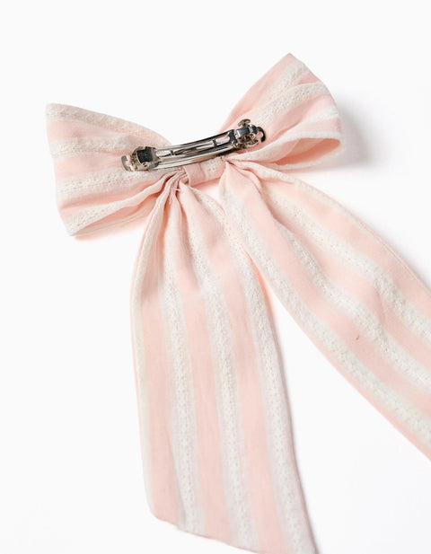 Hair Slide with Striped Bow for Babies and Girls, Light Pink/White