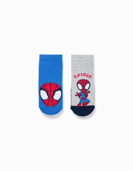 2 non-slip socks with Spidey print for newborn and baby boys, blue/grey