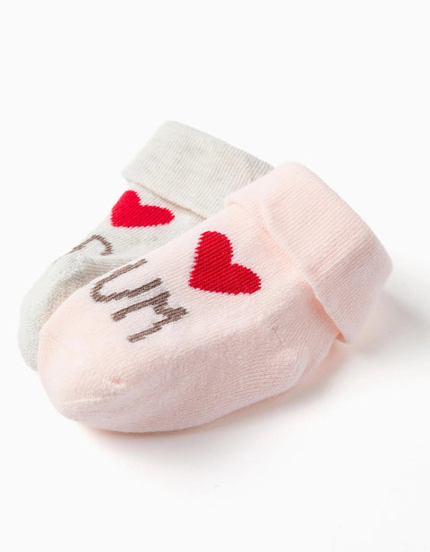 2 terry socks with Mum & Dad print for newborn and baby girls, pink/grey