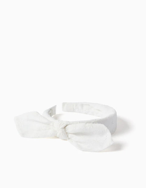Alice Band in Broderie Anglaise with Bow for Girls, White