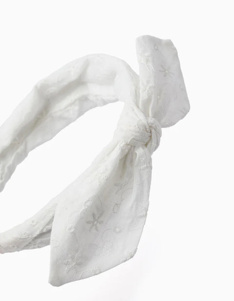 Alice Band in Broderie Anglaise with Bow for Girls, White