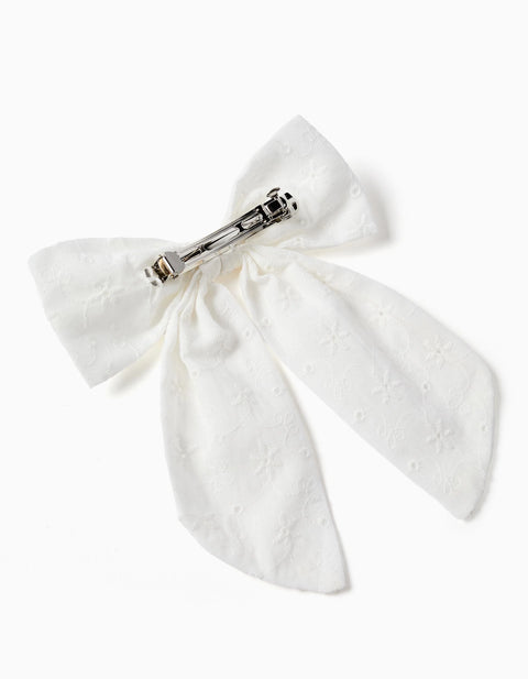 Hair Slide with Bow in Broderie Anglaise for Babies and Girls, White