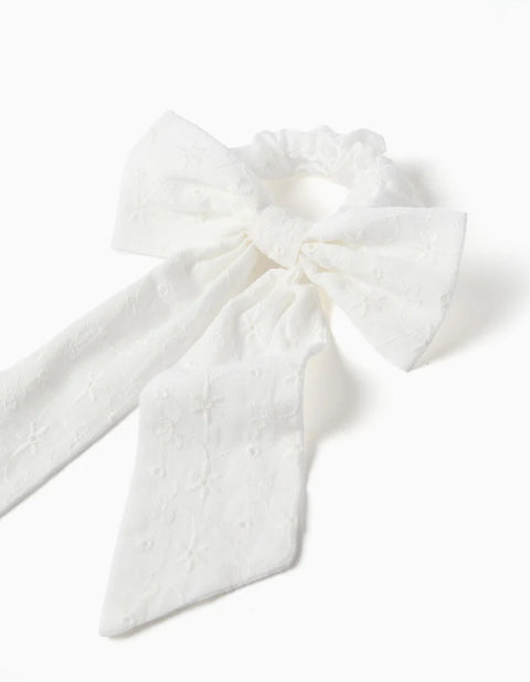 Scrunchie with Bow in Broderie Anglaise for Babies and Girls, White