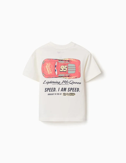 Cotton T-Shirt with Lightning McQueen for Babies and Boys, White