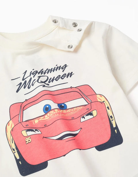 Cotton T-Shirt with Lightning McQueen for Babies and Boys, White