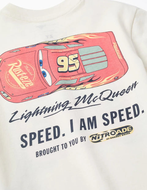 Cotton T-Shirt with Lightning McQueen for Babies and Boys, White