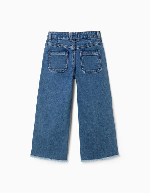 Wide Leg Jeans with Frayed Hems for Girls, Blue