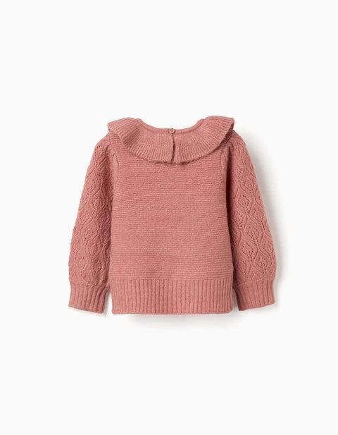 Openwork Knit Jumper with Ruffled Collar for Baby Girls, Pink