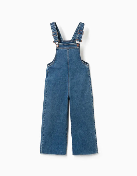 Wide Leg Denim Dungarees with Frayed Hems for Girls, Blue