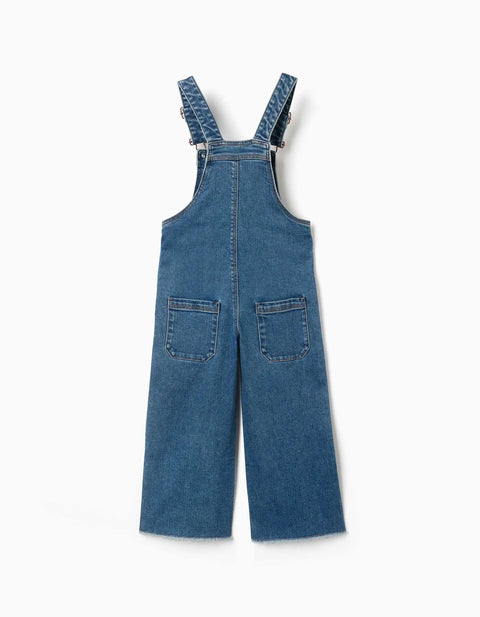 Wide Leg Denim Dungarees with Frayed Hems for Girls, Blue