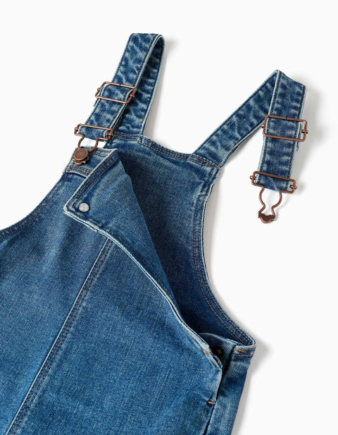 Wide Leg Denim Dungarees with Frayed Hems for Girls, Blue
