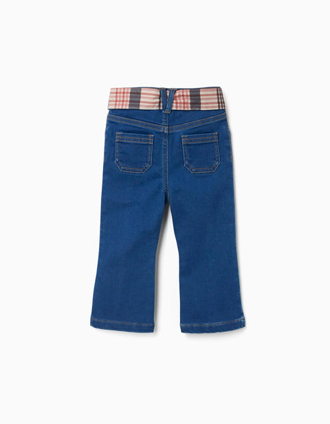 Flared Jeans with Pockets and Checked Belt for Baby Girls, Blue