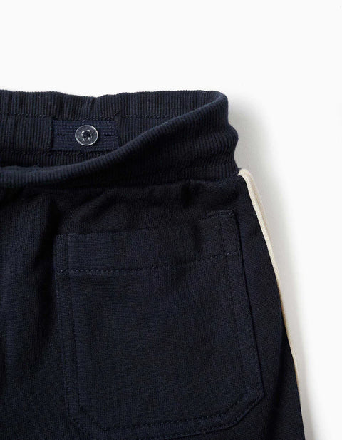 Cotton Joggers with Striped Tape for Boys, Navy Blue/Beige/Green