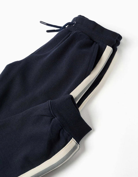 Cotton Joggers with Striped Tape for Boys, Navy Blue/Beige/Green