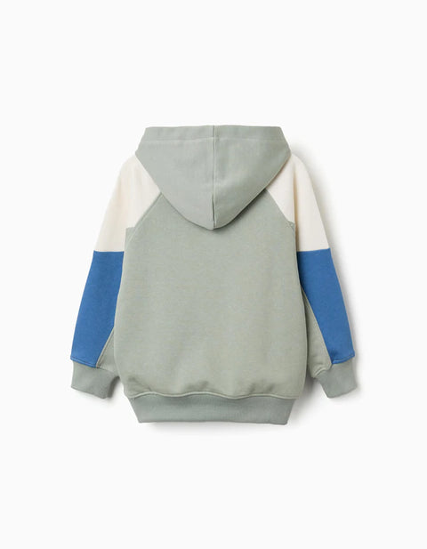 Hooded Cotton Sweatshirt for Boys, Green/Beige/Blue