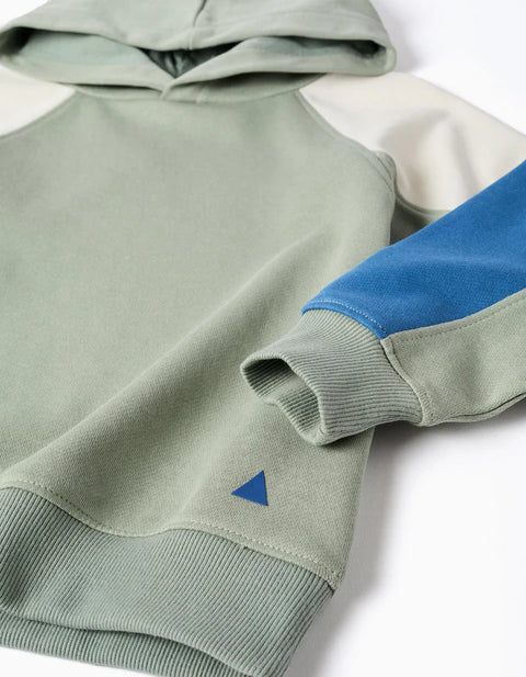 Hooded Cotton Sweatshirt for Boys, Green/Beige/Blue
