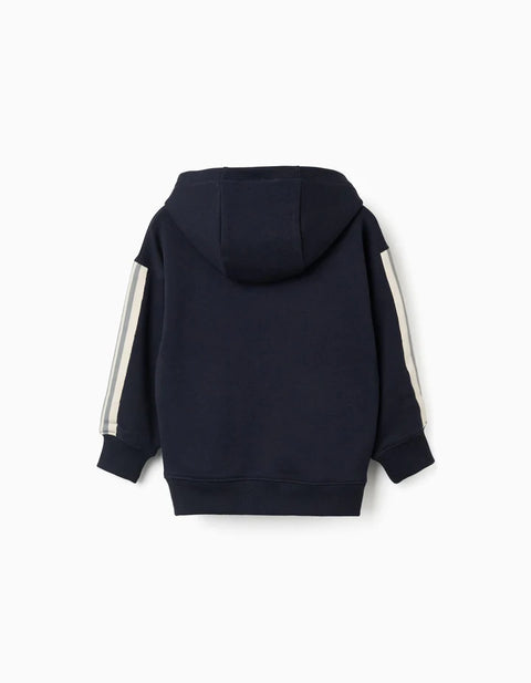 Cotton Hooded Jacket with Striped Tape for Boys, Navy Blue/Beige/Green