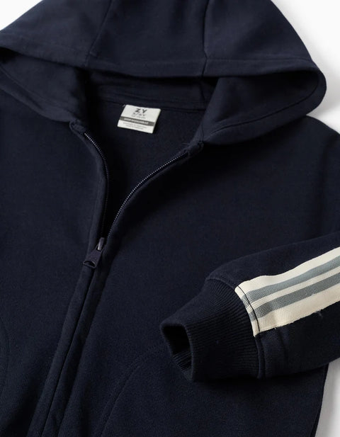 Cotton Hooded Jacket with Striped Tape for Boys, Navy Blue/Beige/Green