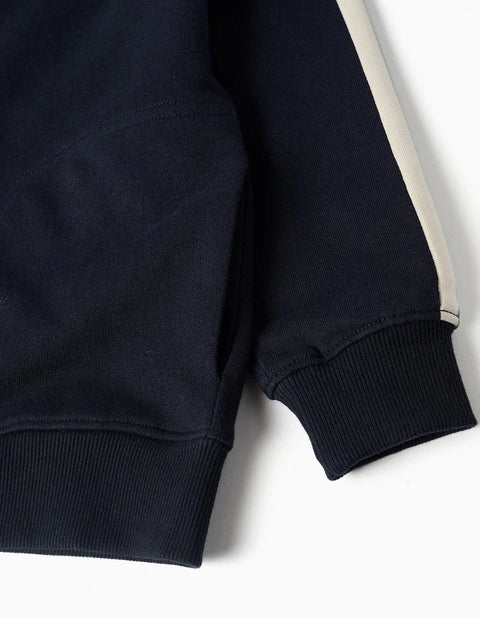 Cotton Hooded Jacket with Striped Tape for Boys, Navy Blue/Beige/Green