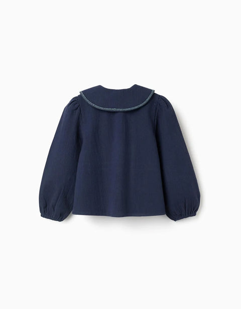 Long Sleeve Cotton Blouse with Embroidered Flowers for Girls, Navy Blue