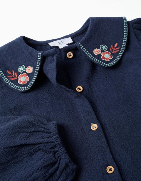 Long Sleeve Cotton Blouse with Embroidered Flowers for Girls, Navy Blue