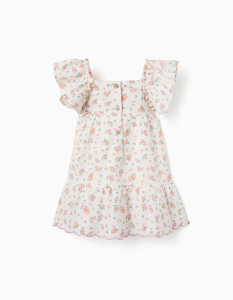 Cotton Dress with Floral Pattern and Ruffles for Baby Girls, Light Beige