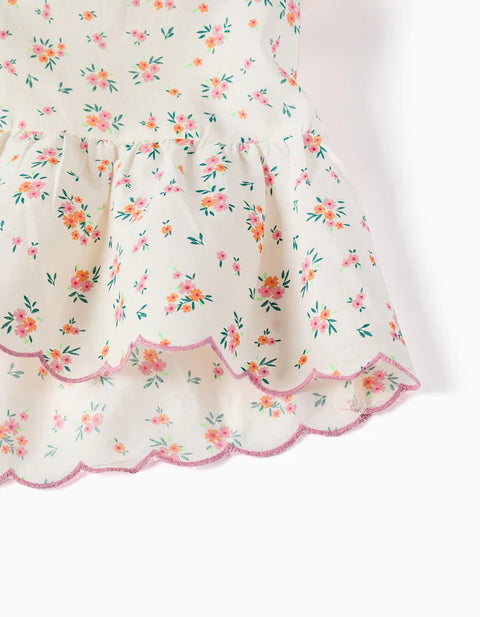 Cotton Dress with Floral Pattern and Ruffles for Baby Girls, Light Beige
