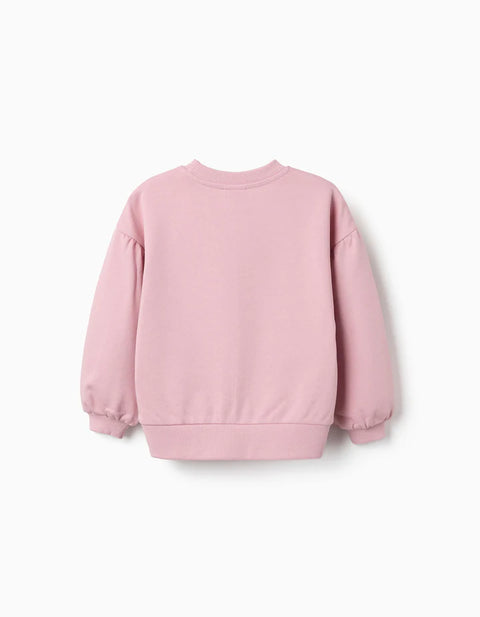 Cotton Sweatshirt with Stitch Print and Dropped Shoulders for Girls, Pink