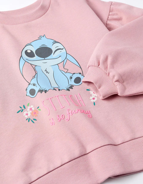 Cotton Sweatshirt with Stitch Print and Dropped Shoulders for Girls, Pink