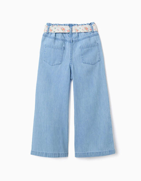 Wide Leg Denim Trousers with Floral belt for Girls, Light Blue