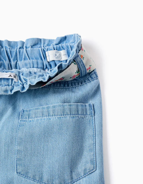 Wide Leg Denim Trousers with Floral belt for Girls, Light Blue