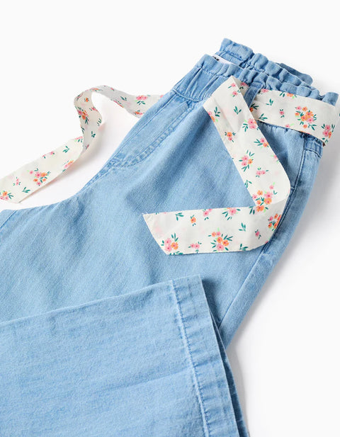 Wide Leg Denim Trousers with Floral belt for Girls, Light Blue