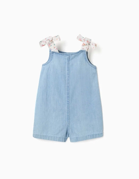 Denim Playsuit with Floral straps for Baby Girls, Light Blue