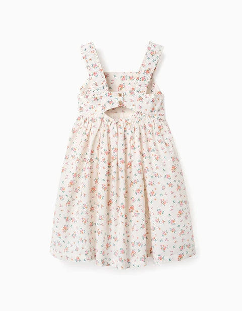 Sleeveless Cotton Dress with Floral Pattern for Girls, Light Beige
