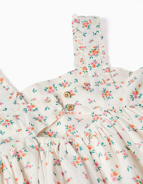 Sleeveless Cotton Dress with Floral Pattern for Girls, Light Beige