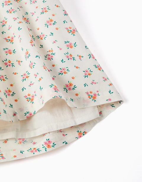 Sleeveless Cotton Dress with Floral Pattern for Girls, Light Beige