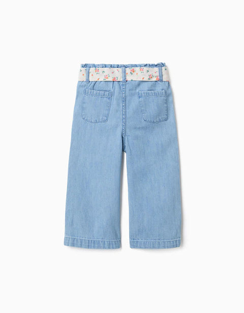 Wide Leg Denim Trousers with Floral Belt for Baby Girls, Light Blue