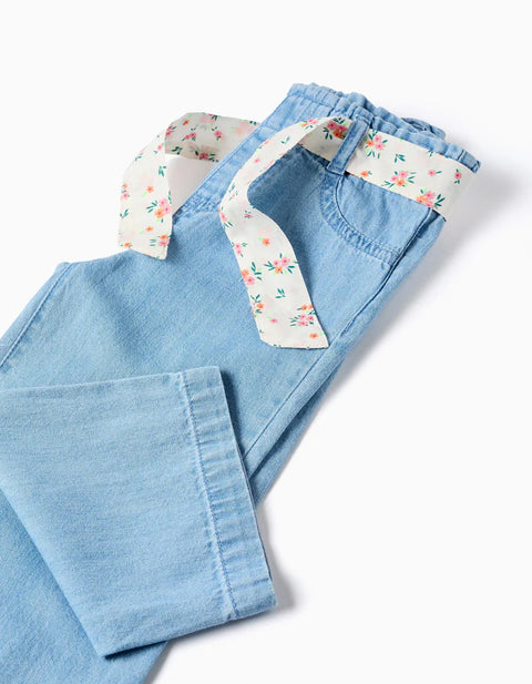 Wide Leg Denim Trousers with Floral Belt for Baby Girls, Light Blue