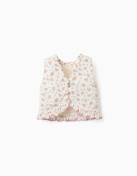 Sleeveless Cotton Top with Floral Pattern for Girls, Light Beige