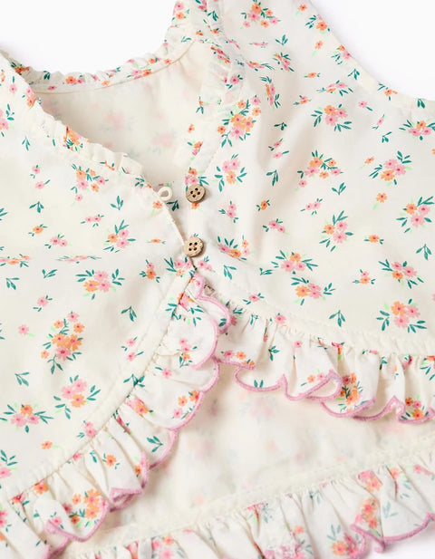 Sleeveless Cotton Top with Floral Pattern for Girls, Light Beige