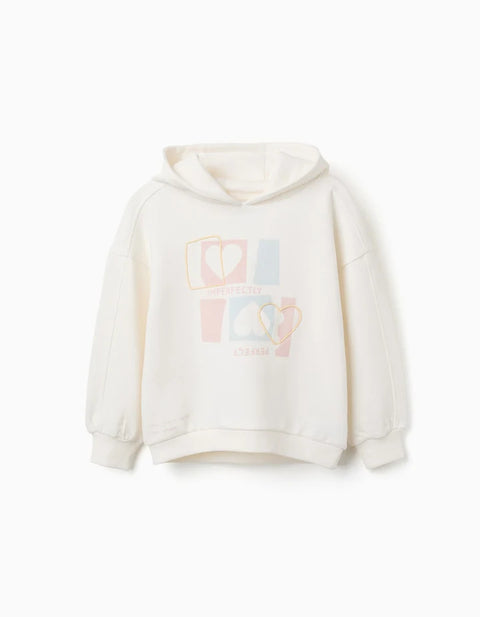 Cotton Hooded Sweatshirt with Heart Print for Girls, White/Blue/Pink
