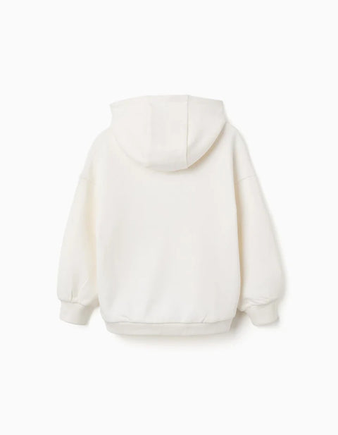 Cotton Hooded Sweatshirt with Heart Print for Girls, White/Blue/Pink