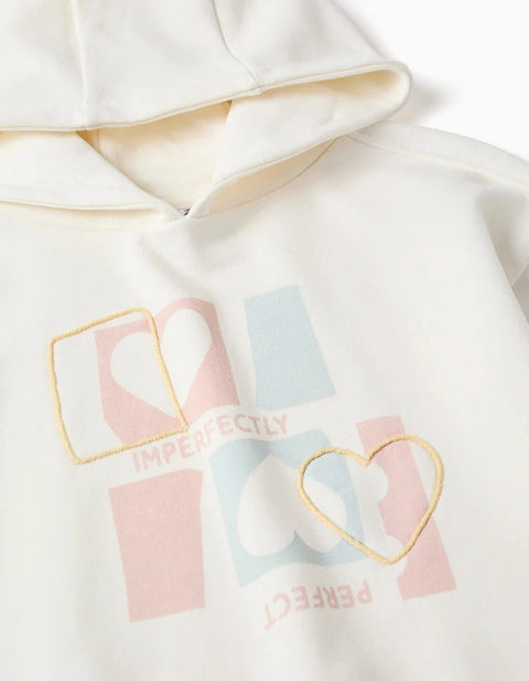Cotton Hooded Sweatshirt with Heart Print for Girls, White/Blue/Pink