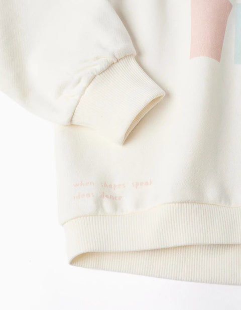 Cotton Hooded Sweatshirt with Heart Print for Girls, White/Blue/Pink