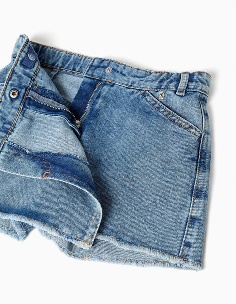 Denim Skort with Asymmetrical Front Closure for Girls, Blue