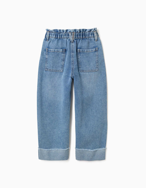 Cotton Jeans with Paperbag Waist and Folded Hems for Girls, Blue